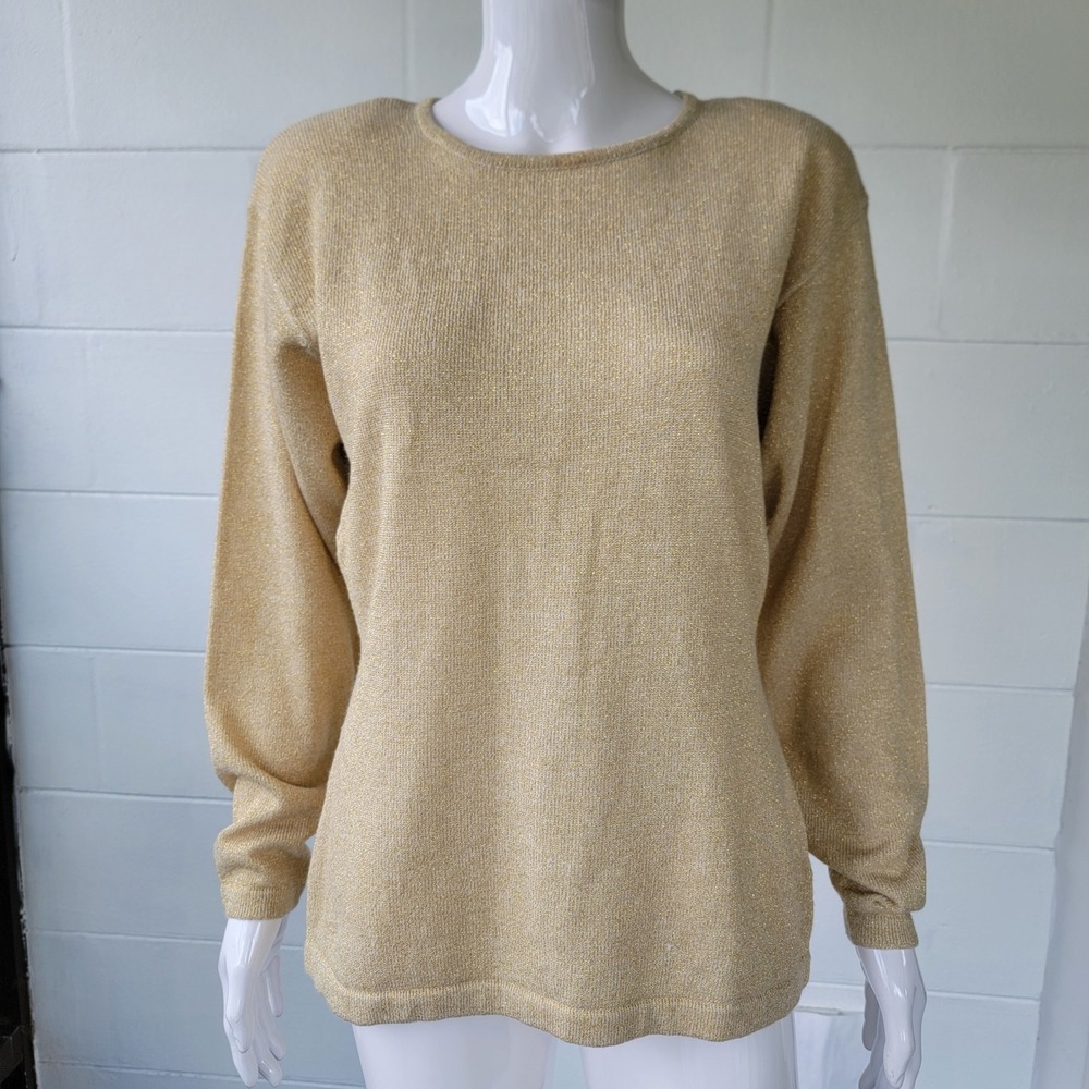 VTG 90s Worthington Knit Gold Sweater Women M Glam Metallic Shimmer Top